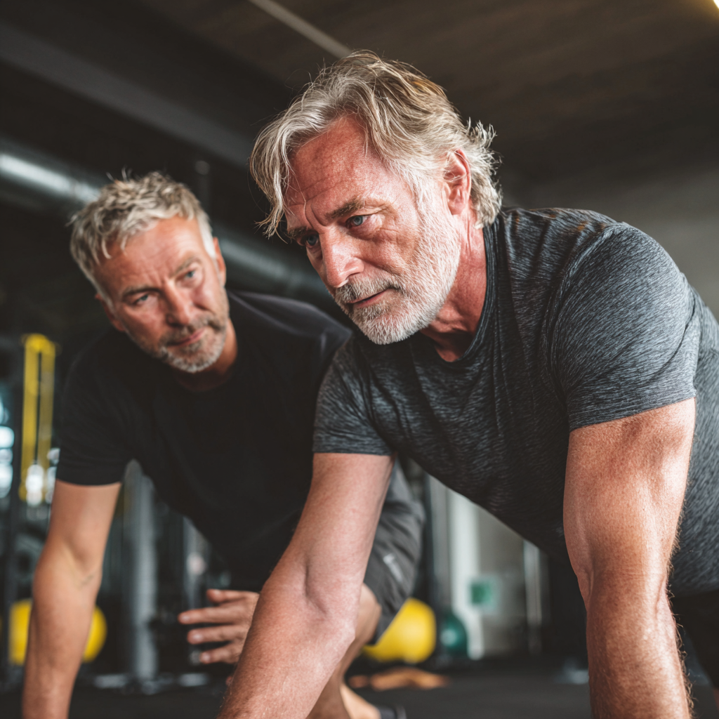 51 years old adult trainer guiding 50 years old client through functional movement exercises at surkentol