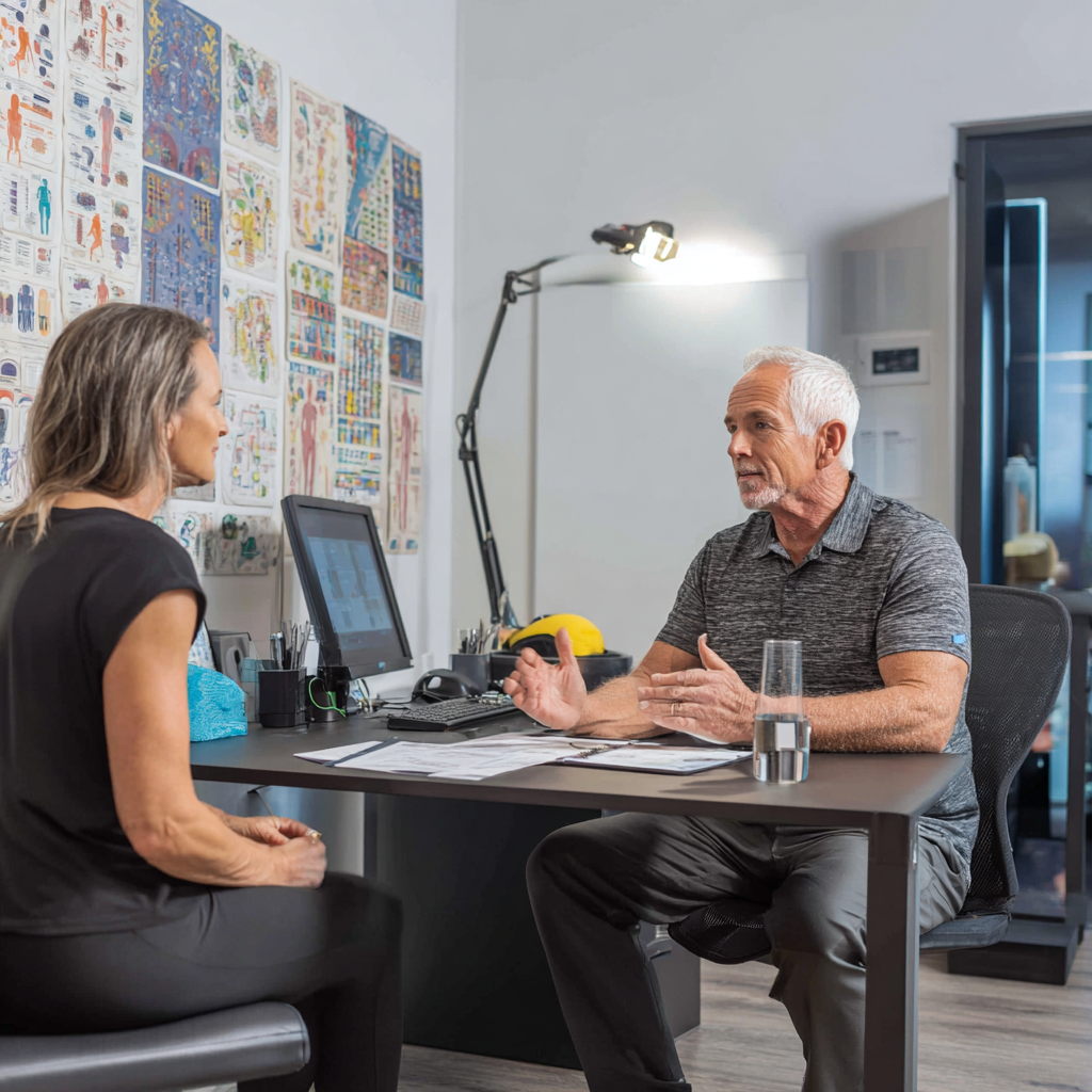 52 years old professional explaining personalized fitness approach to adult client in modern surkentol consultation room