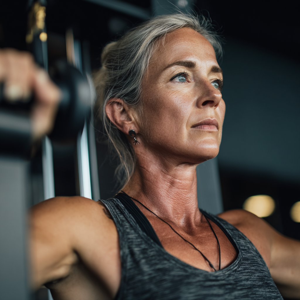 confident 50 years old woman practicing strength training with modern equipment in surkentol studio