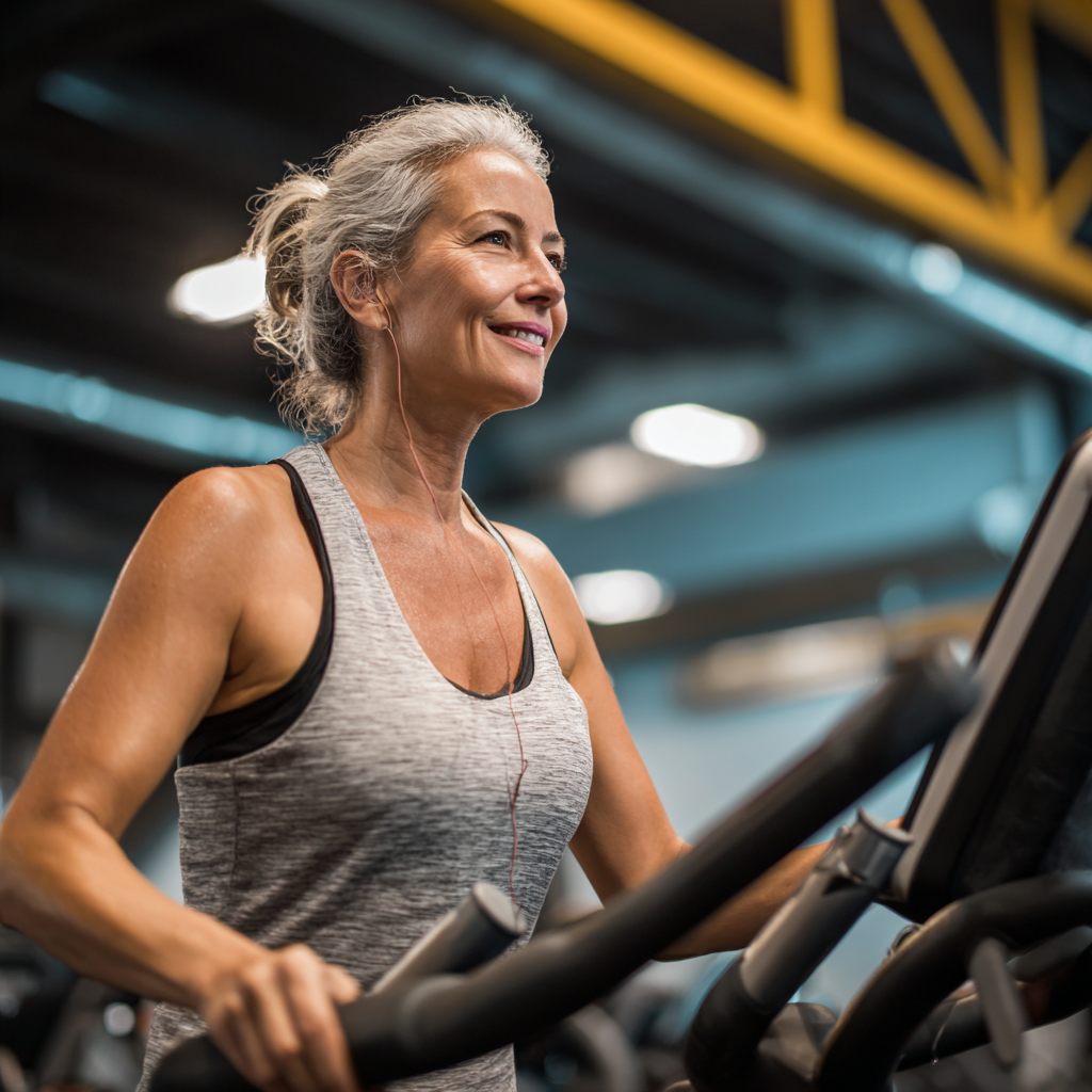 successful 53 years old woman at cardio training